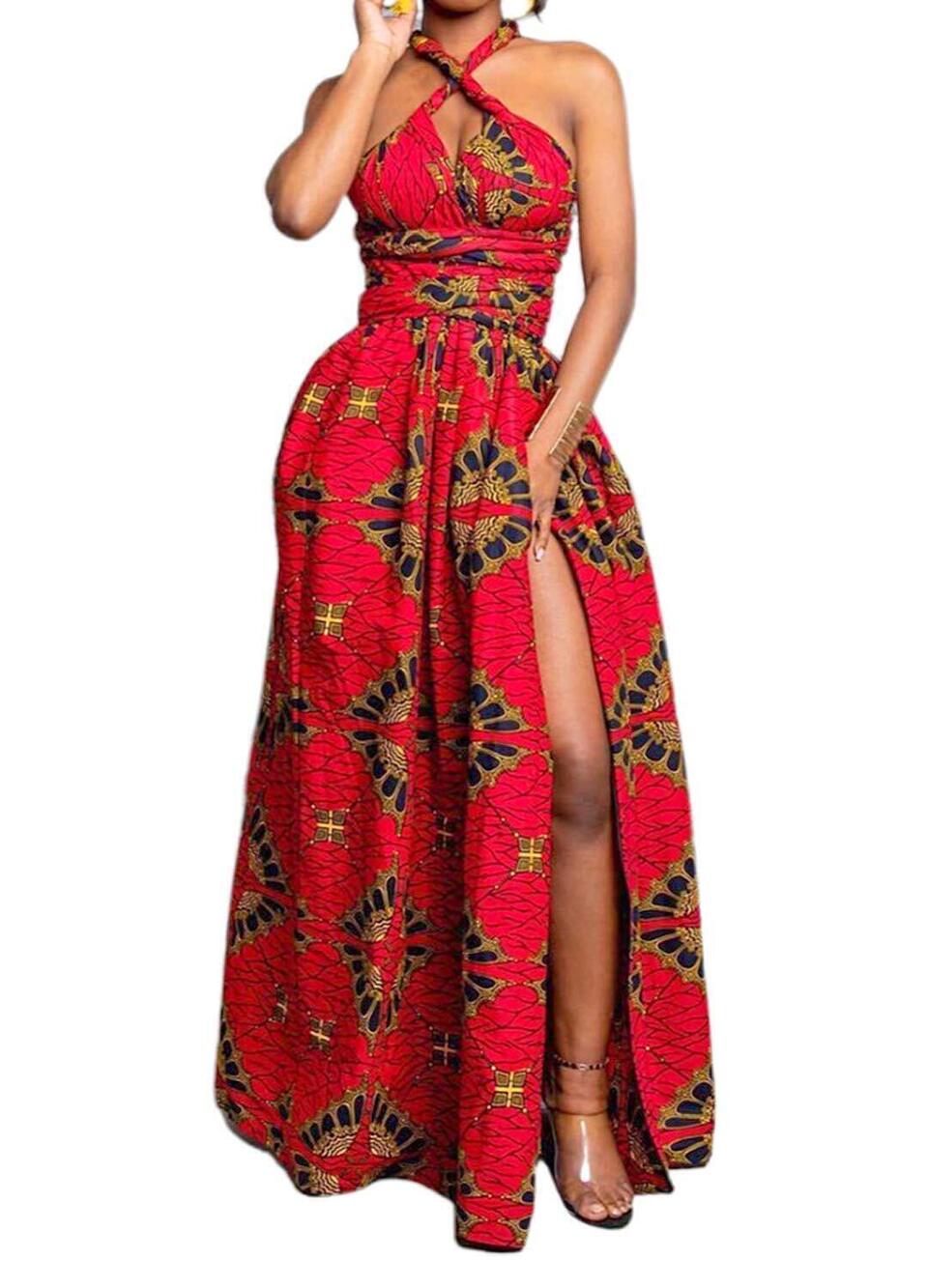 6558 Africa Print Dress Side Slit Long Maxi Bohemian High Waist Dresses